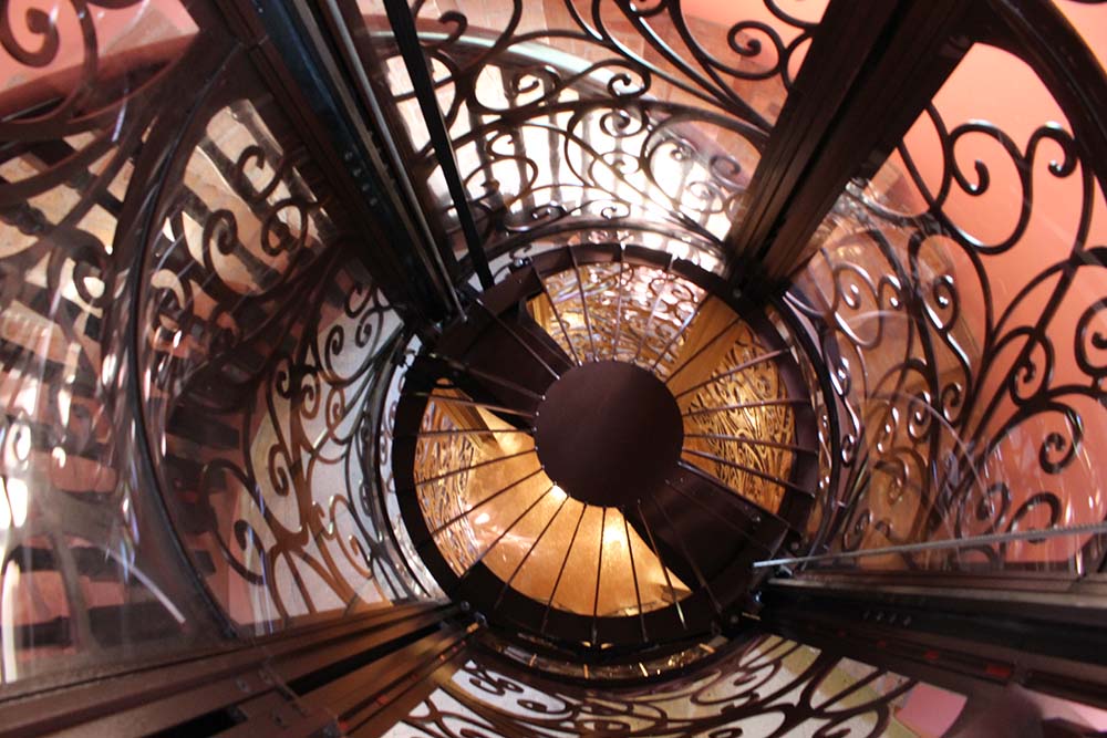 Ornate Scrolled Wrought Iron Bird Cage Home Elevator Ceiling Down view